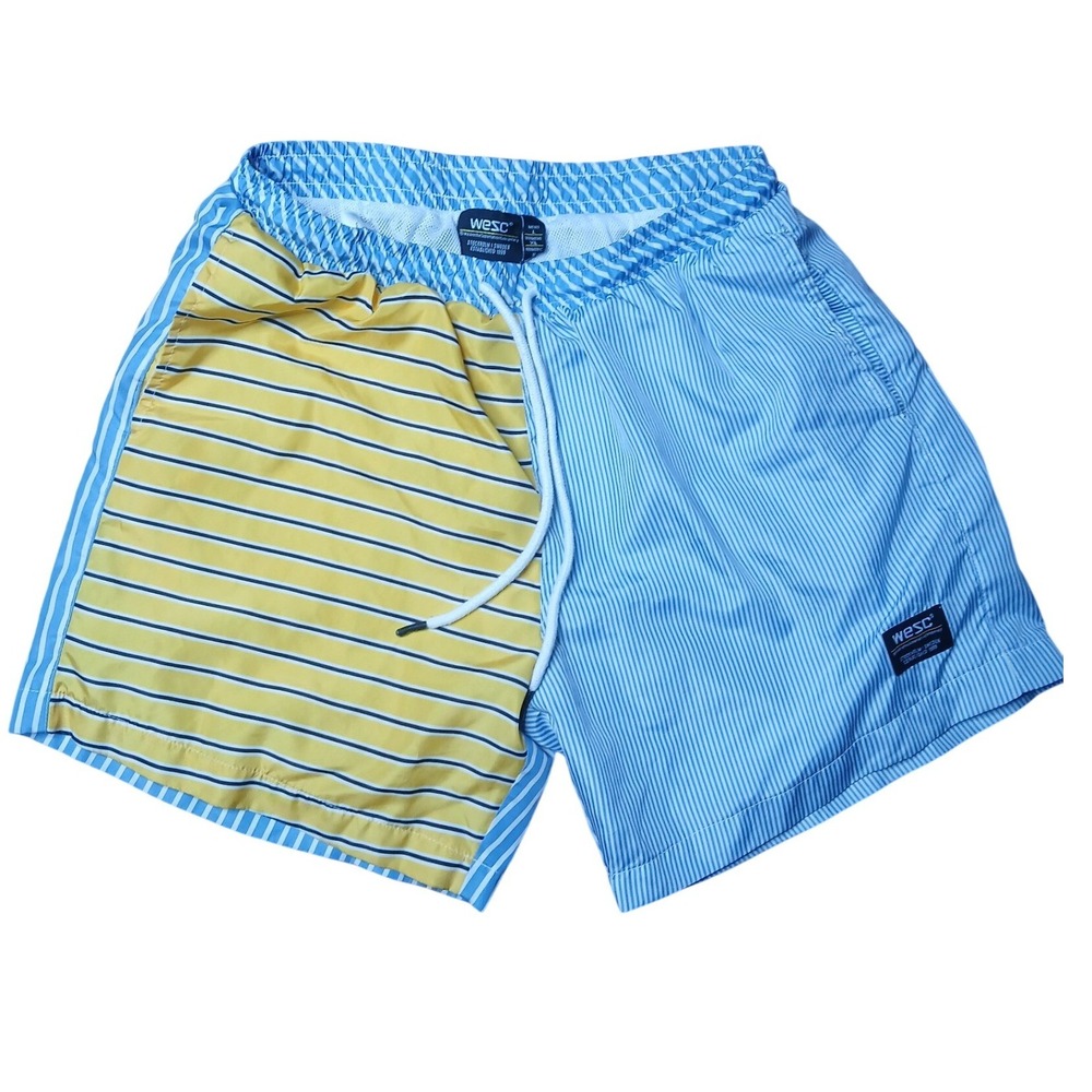 WeSC Swim Trunks Mens Large Blue Yellow‎ Striped Colorblock Board Shorts